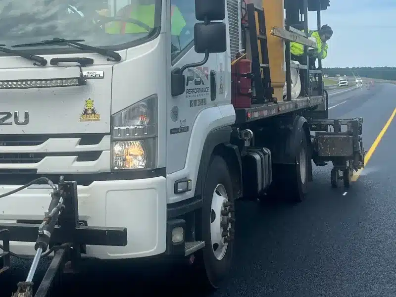 “Close-up of a pavement striping machine applying paint to asphalt