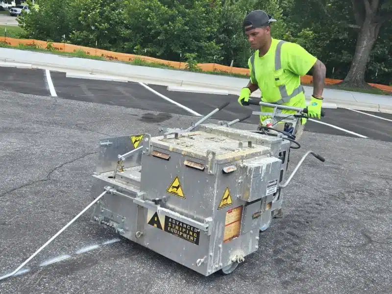 Jobsite view showing marked lanes and directional markings on asphalt near curb and trees